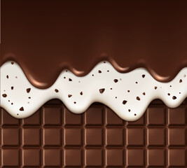 Realistic chocolate chip and melting drips on chocolate bar background, realistic vector. Chocolate bar with splash in choco wave twist swirl, whirl or drops splatter of milk cocoa or stracciatella