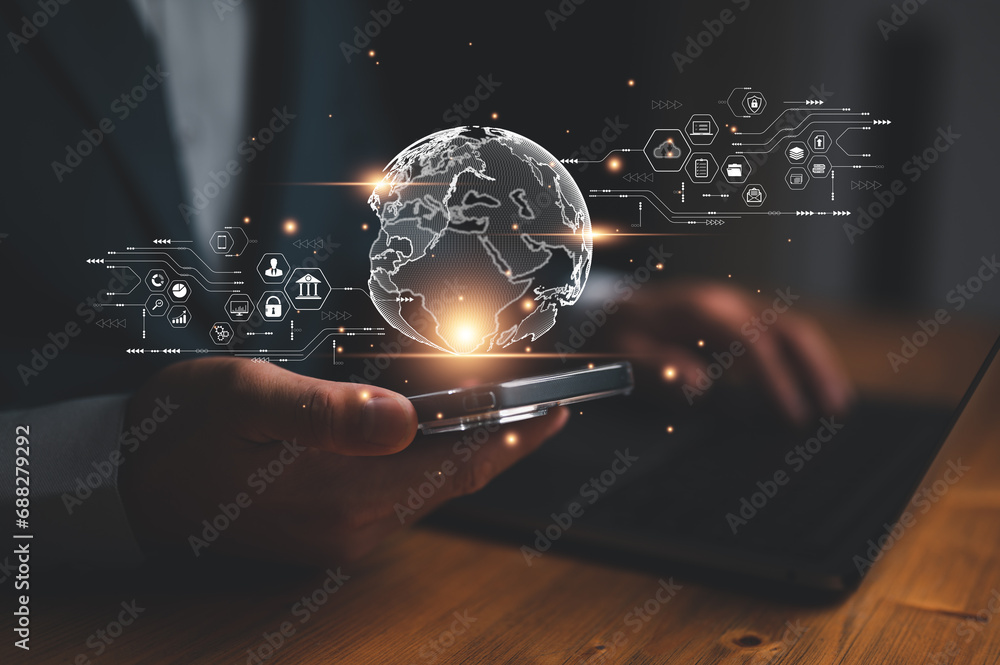 Aufkleber big data ai analytics visualization technology with scientist analyzing information structure on vir