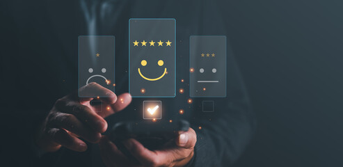 Businessman choosing on the happy Smile face icon, positive mindset selection. Customer service and...