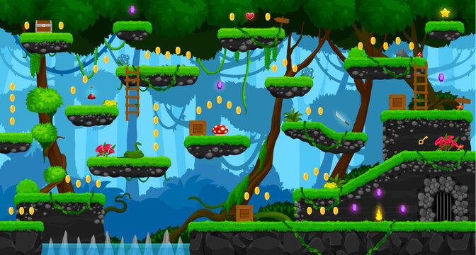 Arcade jungle forest game level map interface with platforms and coins, cartoon vector. Jungle lianas and flowers, stairs and trees with treasure award and bonus assets for game level layout template