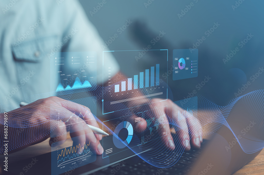 Aufkleber businessman or analyst working with business analytics and data management system on virtual screen,