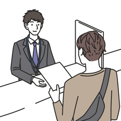 窓口で書類を渡す男性