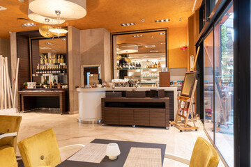 Interior of a hotel lobby with marble floor