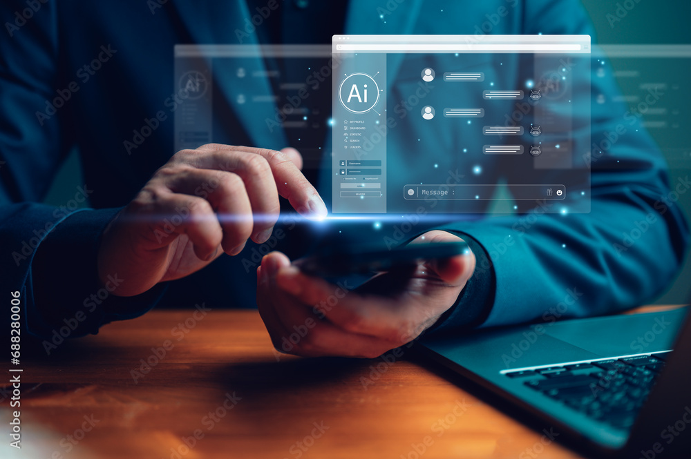 Poster ai tech assistant, secretary, businessman with global internet connect chat with ai, artificial inte