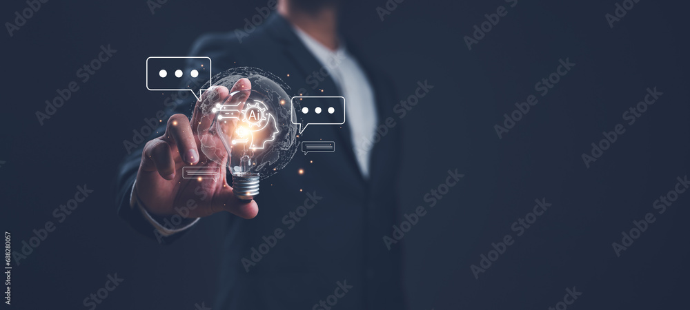 Poster ai, artificial intelligence. man show ideas technology smart robot ai, enter command prompt for gene