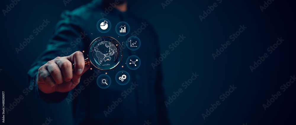 Poster big data and analytics visualization technology with scientist analyzing information structure on vi