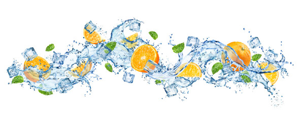 Realistic water wave splash with orange fruit, leaves and ice cubes. Isolated 3d vector flow of cold liquid and frozen blocks, capturing essence of refreshing, cool and invigorating citrus experience - obrazy, fototapety, plakaty