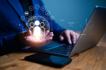 Customer network relationship management or CRM, Businessman hold global structure customer network...