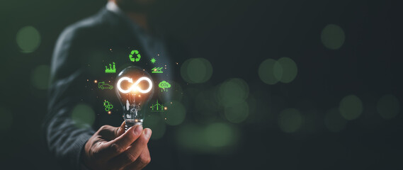 Infinity symbol with Circular business economy environment icons around lightbulb, future...