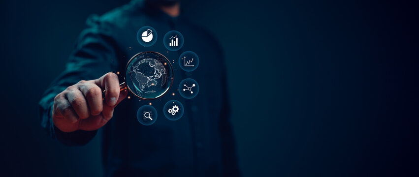 Big data and analytics visualization technology with scientist analyzing information structure on virtual screen, machine learning to extract predictions for business, finance, internet of things, iot