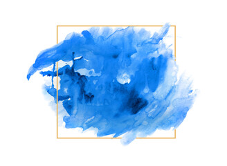 Blot of blue watercolor paint and frame on white background