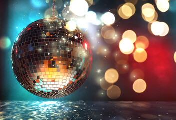 Shiny disco ball under golden lights on color background, space for text. Bokeh effect