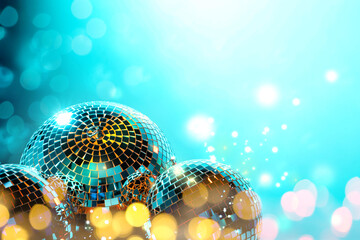 Shiny disco balls on turquoise background with blurred lights, space for text. Bokeh effect