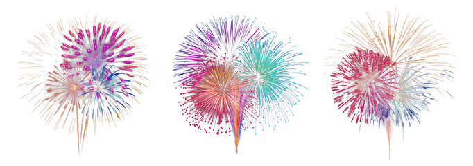 Set of beautiful and colorful fireworks, cut out - stock png.	