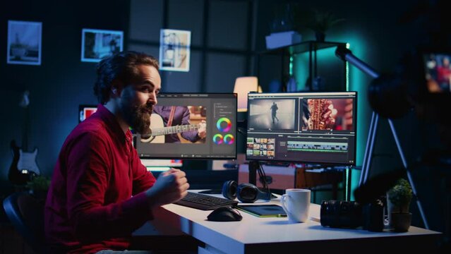 Video editor filming online tutorial about editing color grading and lighting. Post production expert in home studio recording guide for internet audience about working with raw footage
