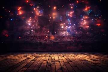 view night wall lamps neon highlights bright smoke background dark floor wooden walls light fire sparks brick old empty room basement abstract disco pattern design colourful - obrazy, fototapety, plakaty