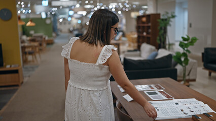 Beautiful hispanic woman with glasses choosing ideal furniture designs, furnishing her home, and embracing the joy of shopping at a furniture store