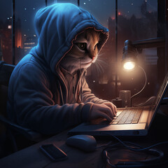 a kitten in the night working on a computer, in the style of fantasy characters, hyper-realistic urban, crimson and azure, weirdcore, depicts real life, detailed character illustrations, award-winning