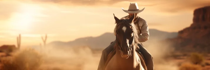 Gordijnen A person riding a horse and wearing a cowboy hat © David