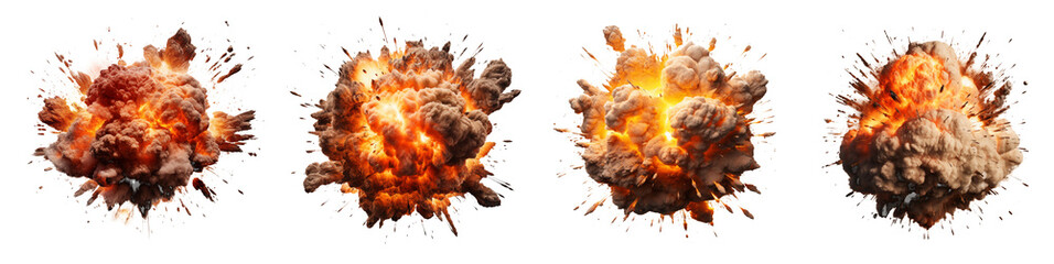 Set of powerful explosion with fire, cut out - stock png.	