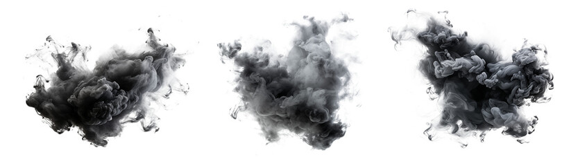 Set of textured clouds of gray smoke, cut out - stock png.	