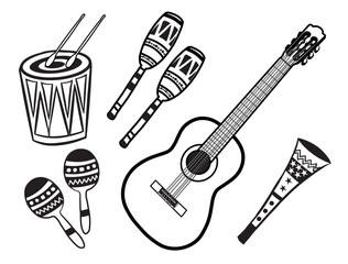 Set of Latin carnival musical instruments. A drum with drumsticks, two pairs of maracas, a guitar and a horn. Black lines. Vector illustration isolated on transparent background.