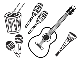 Fotobehang Set of Latin carnival musical instruments. A drum with drumsticks, two pairs of maracas, a guitar and a horn. Black lines. Vector illustration isolated on transparent background. © Elvis