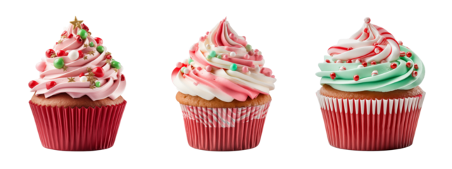 Set of Christmas cupcake with icing, cut out - stock png.	