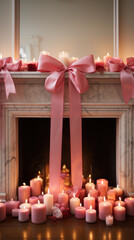 Lit candles gather at the base of a fireplace, crowned by a large pink ribbon, offering a romantic Valentine's evening setting.
