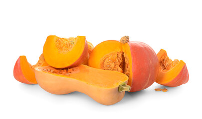 Cut fresh pumpkins on white background