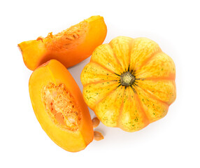 Fresh pumpkins and seeds on white background