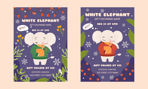 White elephant gift exchange party game template, set of two posters. Funny grumpy character who is surprised by what he sees in the gift box. Christmas party