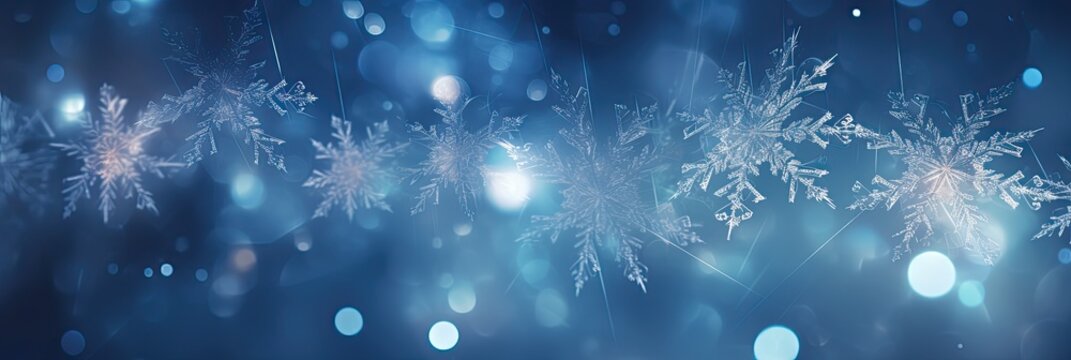 a close up image of snowflakes are shown in the middle of a dark blue background, generative AI