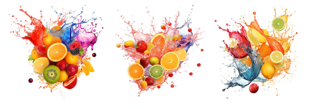 Set of explosion of colorful fruits that emit bright juices, cut out - stock png.	
