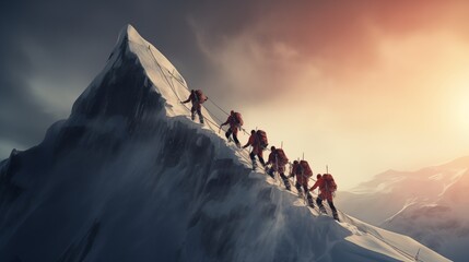 Group Ascending Majestic Mountain Peak with Remarkable Teamwork and Success - obrazy, fototapety, plakaty