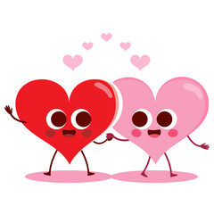 Love Heart Couple Mascot holding hands vector illustration. Two smiling boy and girl characters greeting card Valentine's Day design