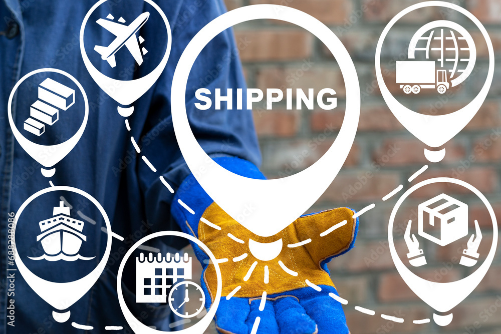 Poster man or worker using virtual interface sees word: shipping. concept of freight shipping in the intern
