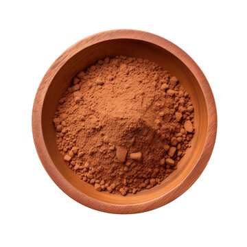 Cocoa powder in wooden bowl, top view, isolated on transparent background. Generative AI