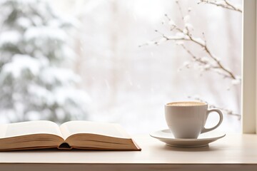 Cup of hot morning coffee or tea and opened book on vintage windowsill of cottage against snow landscape. Cozy winter background. Still life concept. Banner with copy space