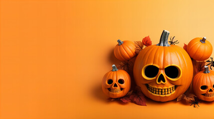 A festive bunch of jack-o-lanterns, adorned with carved faces and glowing in the dark, beckon trick-or-treaters into an indoor wonderland of halloween magic