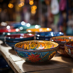 Market Mosaic: Vibrant Ceramic Bowls in a Busy Bazaar