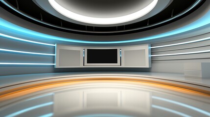 Tv Studio. Blue and yellow studio. Backdrop for TV shows .TV on wall. News studio. The perfect backdrop for any green screen or chroma key video or photo production. 3D rendering.