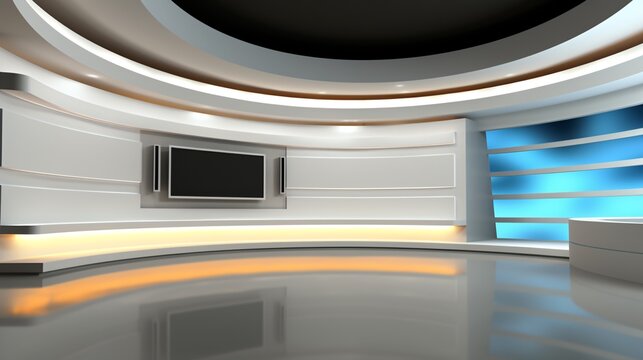 Tv Studio. Blue and yellow studio. Backdrop for TV shows .TV on wall. News studio. The perfect backdrop for any green screen or chroma key video or photo production. 3D rendering.