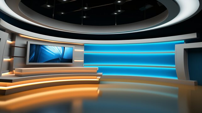 Tv Studio. Blue and yellow studio. Backdrop for TV shows .TV on wall. News studio. The perfect backdrop for any green screen or chroma key video or photo production. 3D rendering.