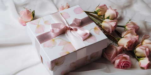 Gift with pink flowers, for Valentine's Day, birthday, anniversary