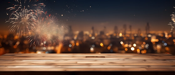 Empty wooden table with blurred background with a city with fireworks on New Year's Eve - obrazy, fototapety, plakaty