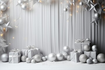 Stylish interior of living room with beautiful silver Christmas decoration, stars, candles and...