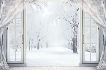 Empty light room template in Scandinavian style. Bright interior, room in wooden house with large windows. Winter snowy landscape seen through the big window