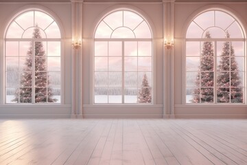 Empty light room template in Scandinavian style. Bright interior, room in wooden house with large windows. Winter snowy landscape seen through the big window