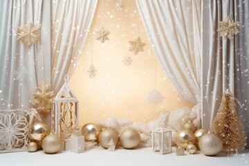 Stylish interior of living room with beautiful golden Christmas decoration, stars, candles and lights. Light wall with white curtains. Simple festive design with copy space for greeting card, banner